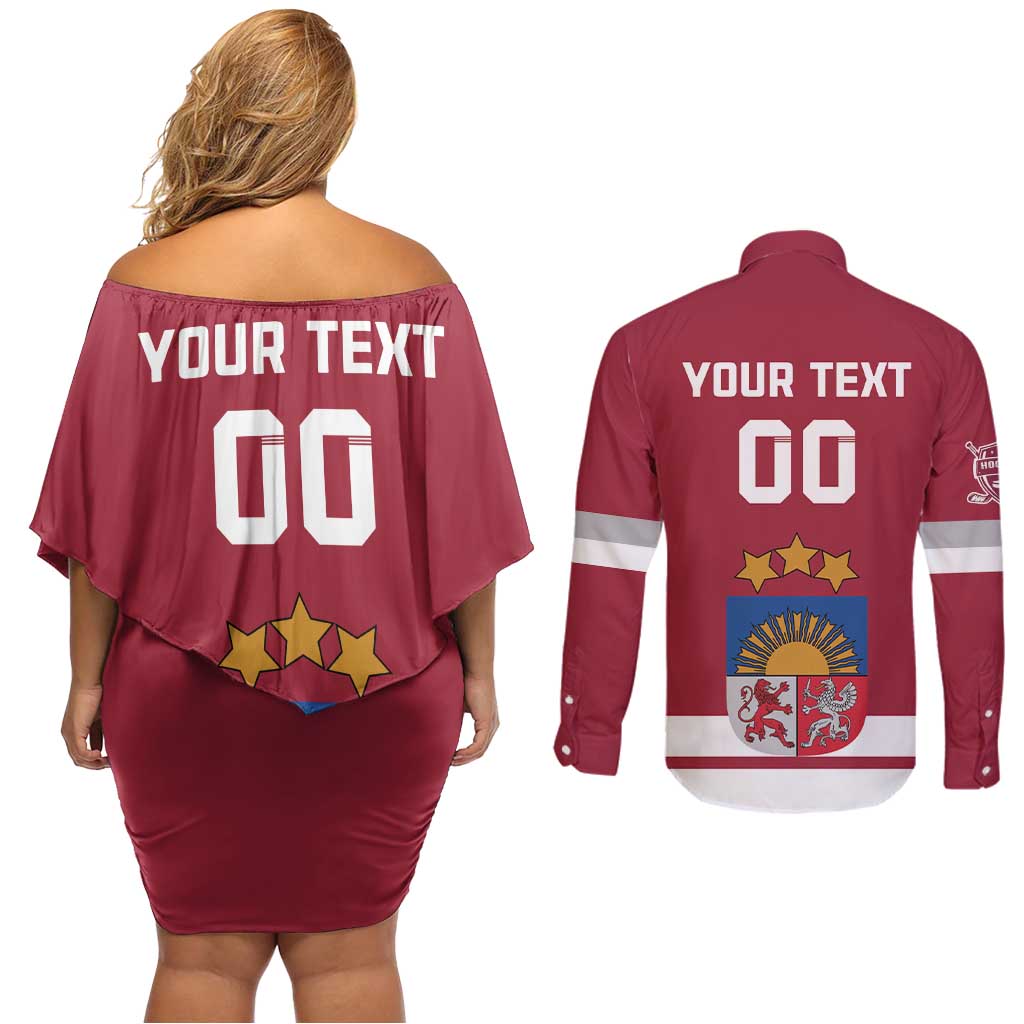 Custom Latvia Hockey Couples Matching Off Shoulder Short Dress and Long Sleeve Button Shirt Latvijas Go Champions