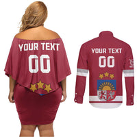 Custom Latvia Hockey Couples Matching Off Shoulder Short Dress and Long Sleeve Button Shirt Latvijas Go Champions