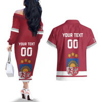 Custom Latvia Hockey Couples Matching Off The Shoulder Long Sleeve Dress and Hawaiian Shirt Latvijas Go Champions