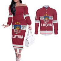 Custom Latvia Hockey Couples Matching Off The Shoulder Long Sleeve Dress and Long Sleeve Button Shirt Latvijas Go Champions