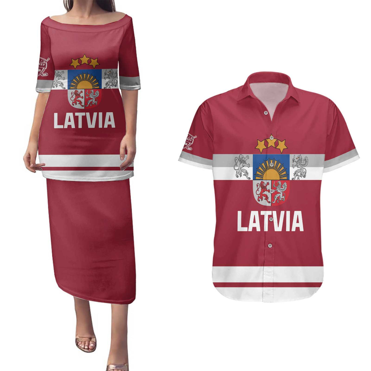 Custom Latvia Hockey Couples Matching Puletasi and Hawaiian Shirt Latvijas Go Champions