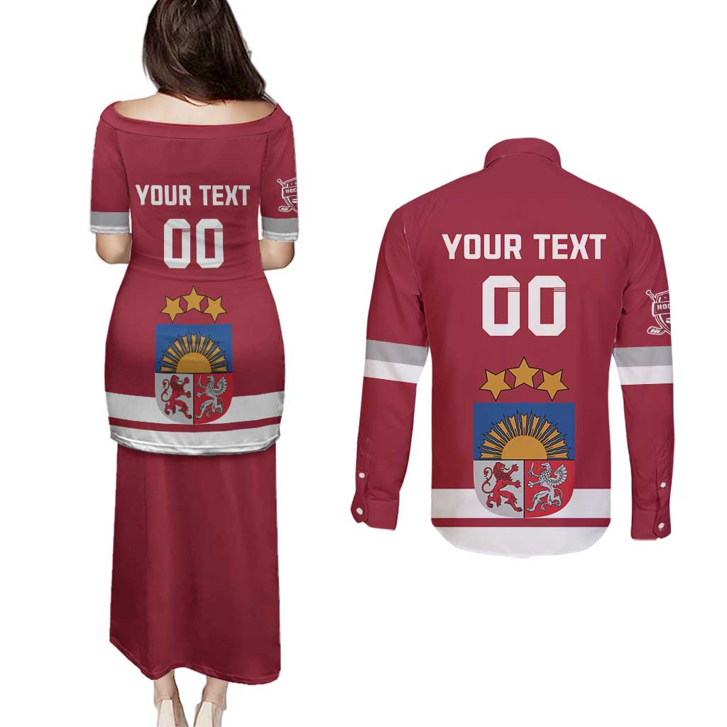 Custom Latvia Hockey Couples Matching Puletasi and Long Sleeve Button Shirt Latvijas Go Champions