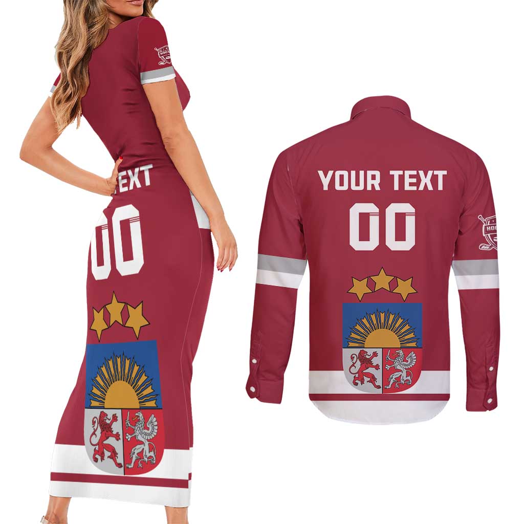 Custom Latvia Hockey Couples Matching Short Sleeve Bodycon Dress and Long Sleeve Button Shirt Latvijas Go Champions