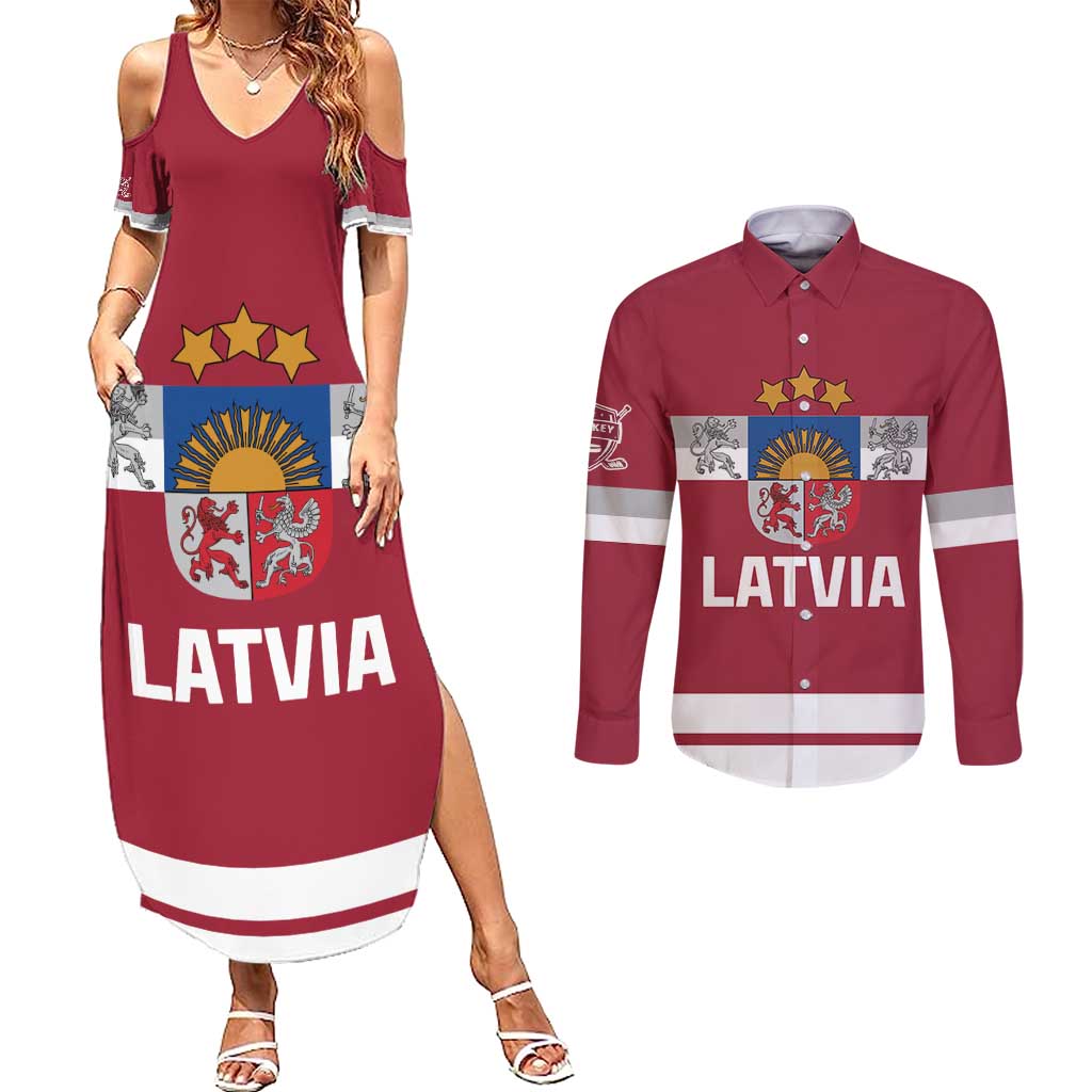 Custom Latvia Hockey Couples Matching Summer Maxi Dress and Long Sleeve Button Shirt Latvijas Go Champions
