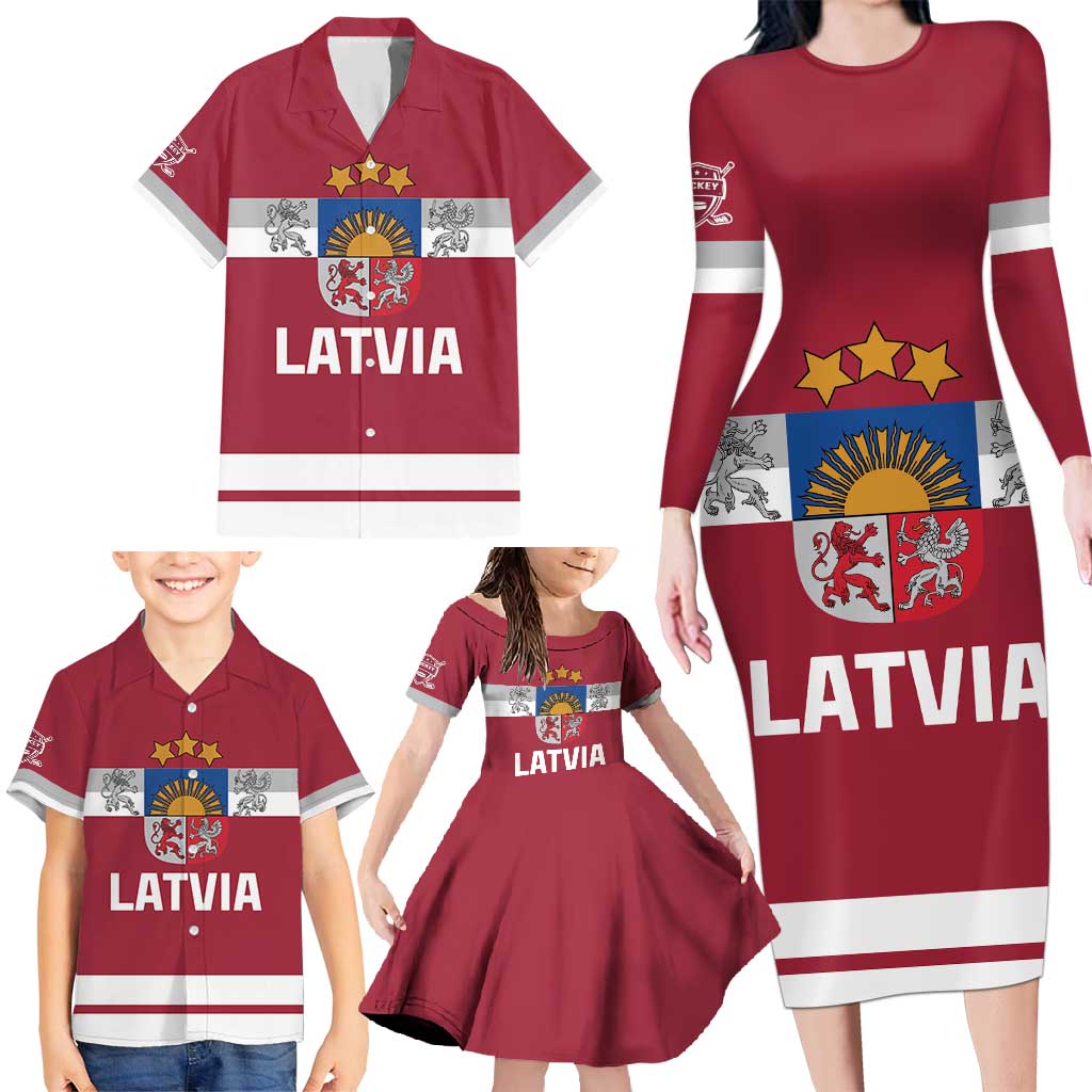 Custom Latvia Hockey Family Matching Long Sleeve Bodycon Dress and Hawaiian Shirt Latvijas Go Champions