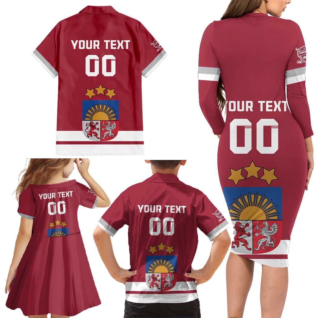 Custom Latvia Hockey Family Matching Long Sleeve Bodycon Dress and Hawaiian Shirt Latvijas Go Champions