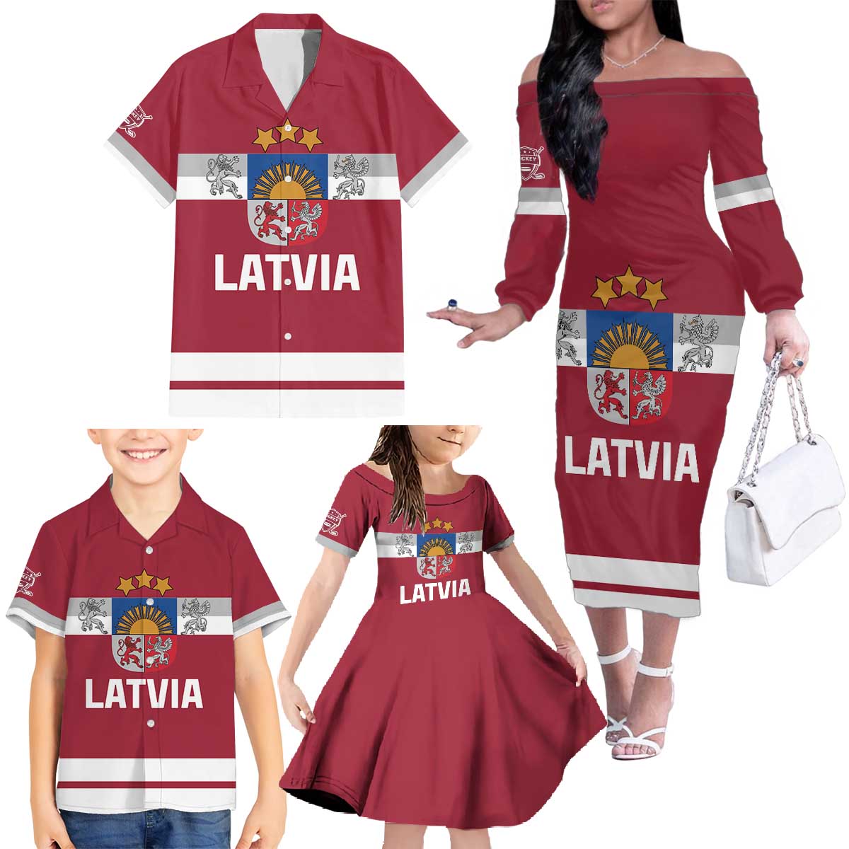 Custom Latvia Hockey Family Matching Off The Shoulder Long Sleeve Dress and Hawaiian Shirt Latvijas Go Champions