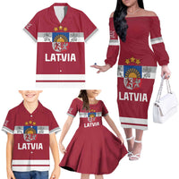 Custom Latvia Hockey Family Matching Off The Shoulder Long Sleeve Dress and Hawaiian Shirt Latvijas Go Champions