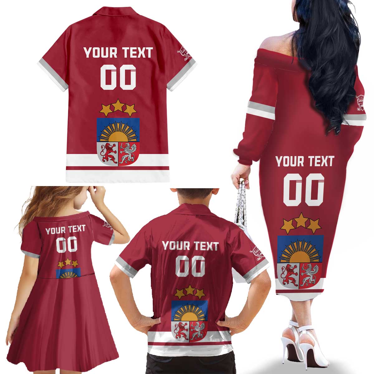 Custom Latvia Hockey Family Matching Off The Shoulder Long Sleeve Dress and Hawaiian Shirt Latvijas Go Champions