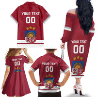 Custom Latvia Hockey Family Matching Off The Shoulder Long Sleeve Dress and Hawaiian Shirt Latvijas Go Champions