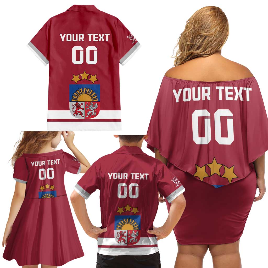 Custom Latvia Hockey Family Matching Off Shoulder Short Dress and Hawaiian Shirt Latvijas Go Champions