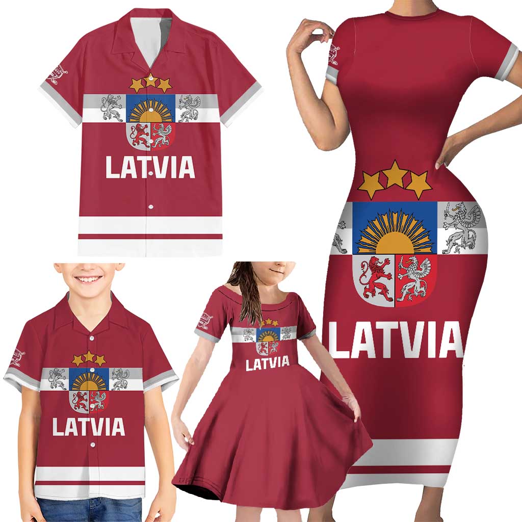 Custom Latvia Hockey Family Matching Short Sleeve Bodycon Dress and Hawaiian Shirt Latvijas Go Champions