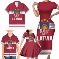 Custom Latvia Hockey Family Matching Short Sleeve Bodycon Dress and Hawaiian Shirt Latvijas Go Champions