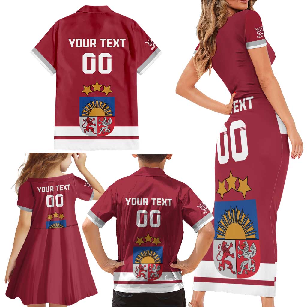 Custom Latvia Hockey Family Matching Short Sleeve Bodycon Dress and Hawaiian Shirt Latvijas Go Champions