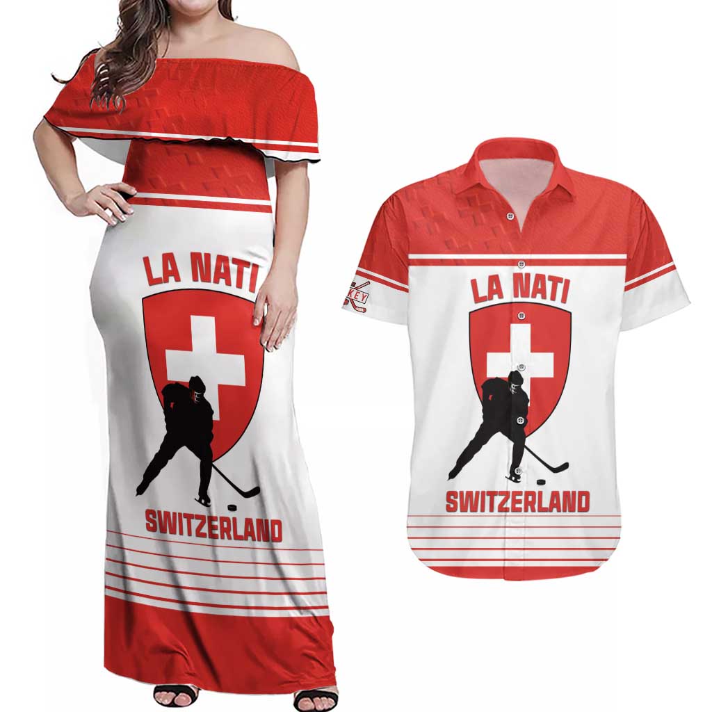 Custom Switzerland Hockey Couples Matching Off Shoulder Maxi Dress and Hawaiian Shirt Come On La Nati