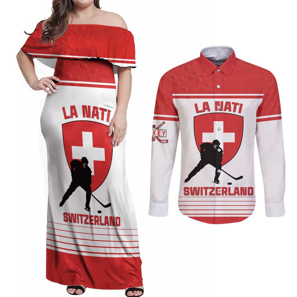 Custom Switzerland Hockey Couples Matching Off Shoulder Maxi Dress and Long Sleeve Button Shirt Come On La Nati