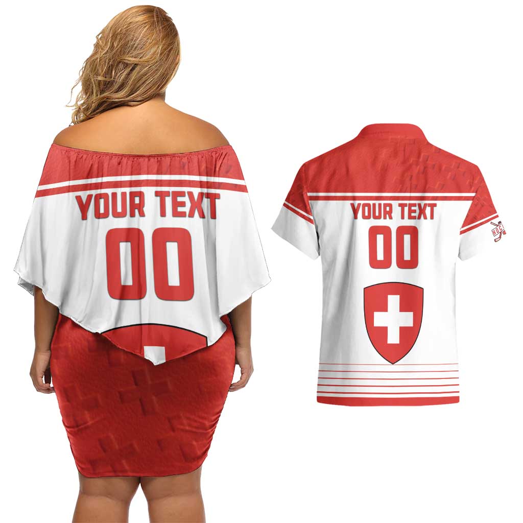 Custom Switzerland Hockey Couples Matching Off Shoulder Short Dress and Hawaiian Shirt Come On La Nati