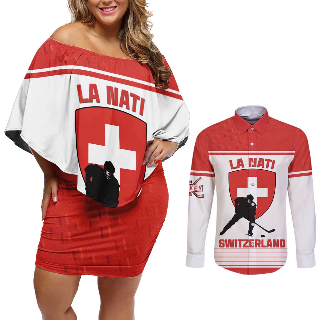 Custom Switzerland Hockey Couples Matching Off Shoulder Short Dress and Long Sleeve Button Shirt Come On La Nati