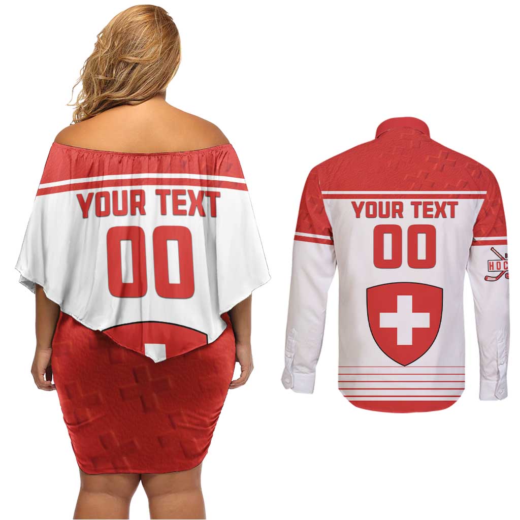 Custom Switzerland Hockey Couples Matching Off Shoulder Short Dress and Long Sleeve Button Shirt Come On La Nati