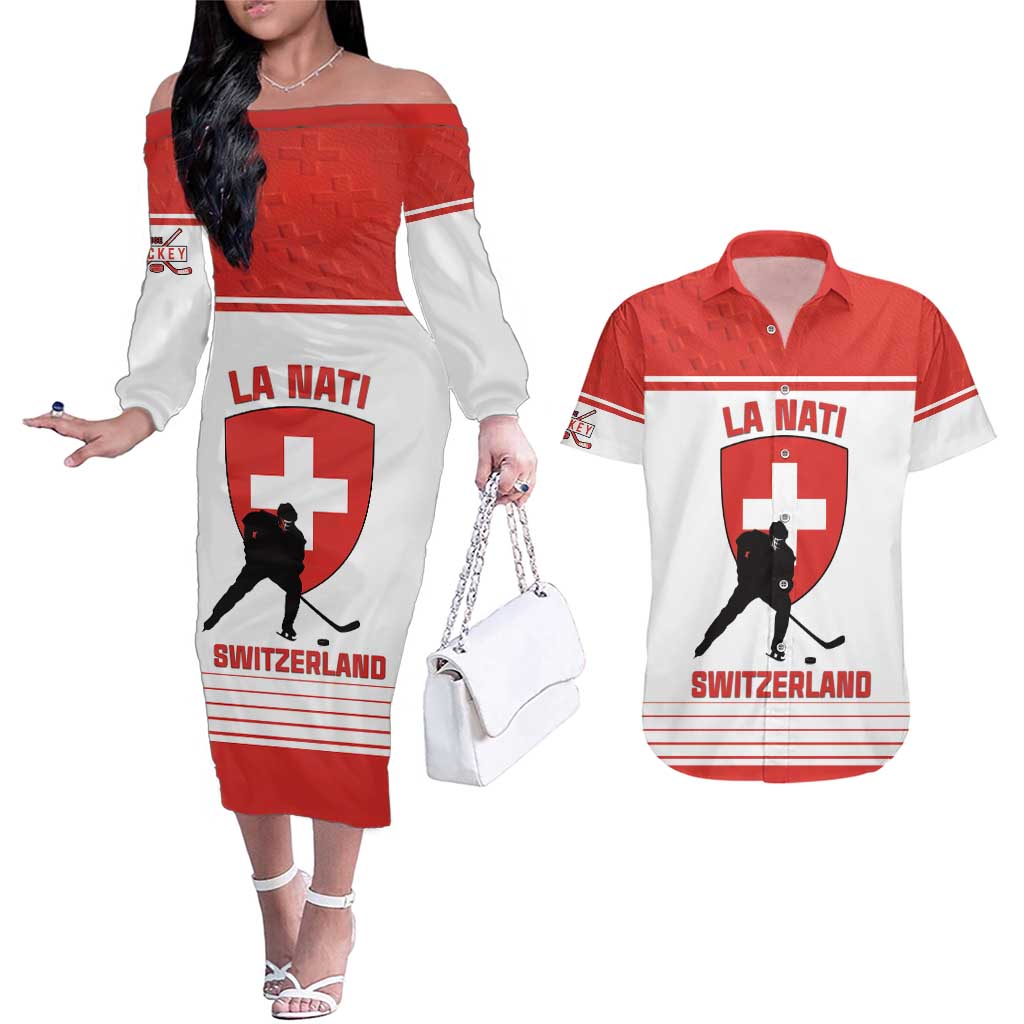 Custom Switzerland Hockey Couples Matching Off The Shoulder Long Sleeve Dress and Hawaiian Shirt Come On La Nati