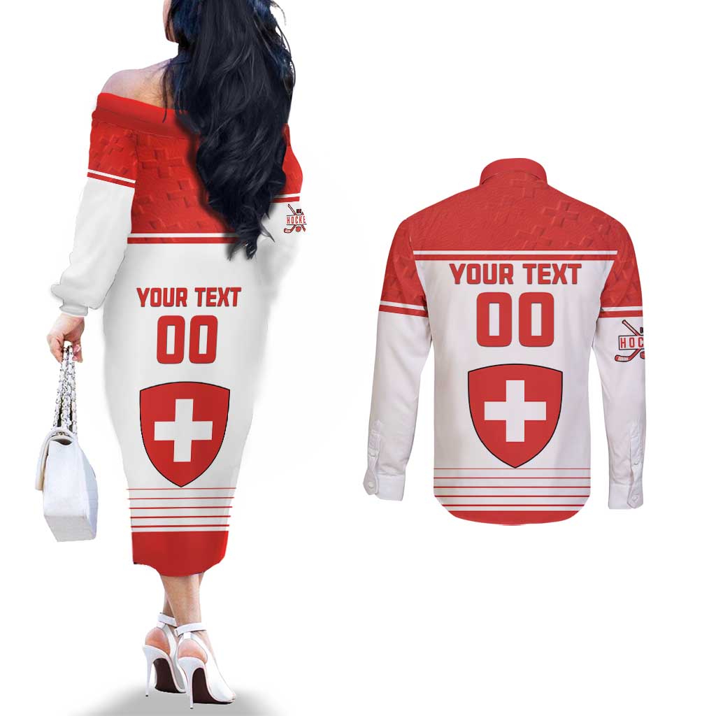 Custom Switzerland Hockey Couples Matching Off The Shoulder Long Sleeve Dress and Long Sleeve Button Shirt Come On La Nati