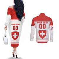 Custom Switzerland Hockey Couples Matching Off The Shoulder Long Sleeve Dress and Long Sleeve Button Shirt Come On La Nati