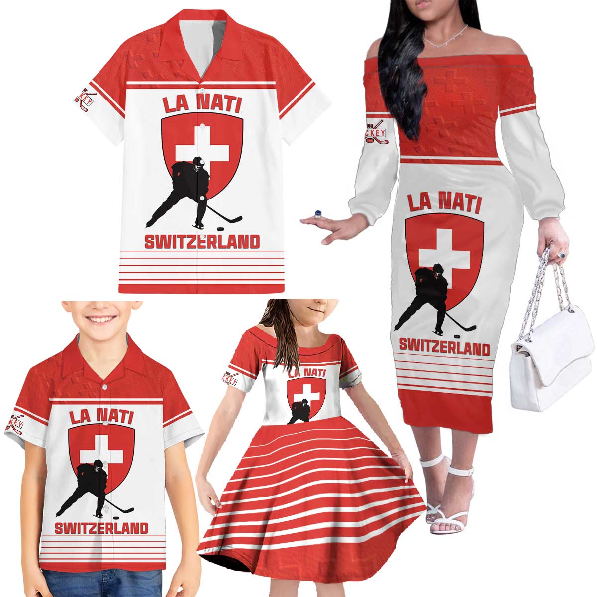 Custom Switzerland Hockey Family Matching Off The Shoulder Long Sleeve Dress and Hawaiian Shirt Come On La Nati