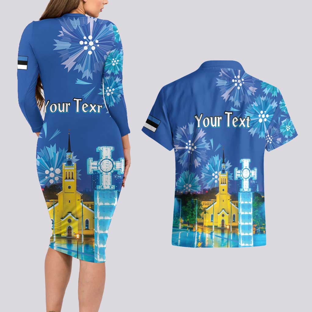 Personalized Estonian Restoration of Independence Couples Matching Long Sleeve Bodycon Dress and Hawaiian Shirt Freedom Square Tallinn Capital