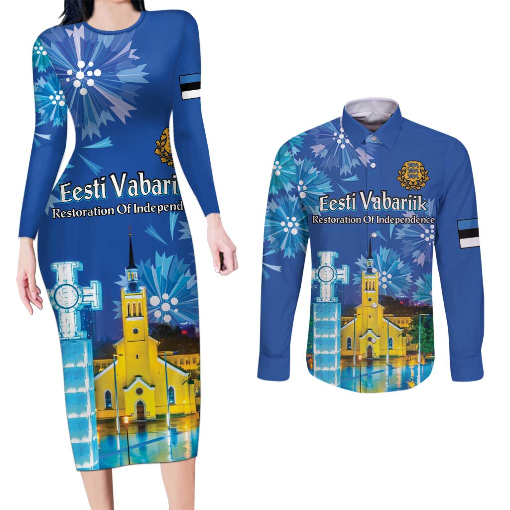 Personalized Estonian Restoration of Independence Couples Matching Long Sleeve Bodycon Dress and Long Sleeve Button Shirt Freedom Square Tallinn Capital