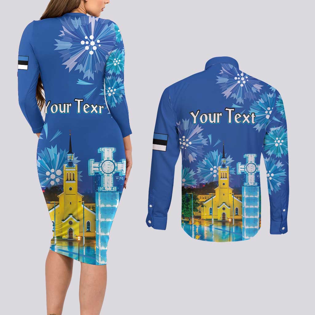 Personalized Estonian Restoration of Independence Couples Matching Long Sleeve Bodycon Dress and Long Sleeve Button Shirt Freedom Square Tallinn Capital