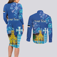 Personalized Estonian Restoration of Independence Couples Matching Long Sleeve Bodycon Dress and Long Sleeve Button Shirt Freedom Square Tallinn Capital