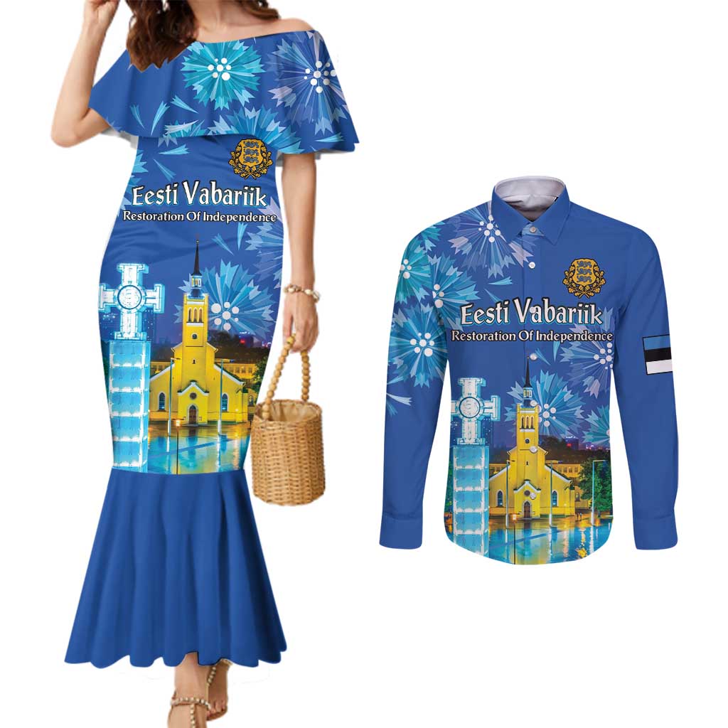 Personalized Estonian Restoration of Independence Couples Matching Mermaid Dress and Long Sleeve Button Shirt Freedom Square Tallinn Capital