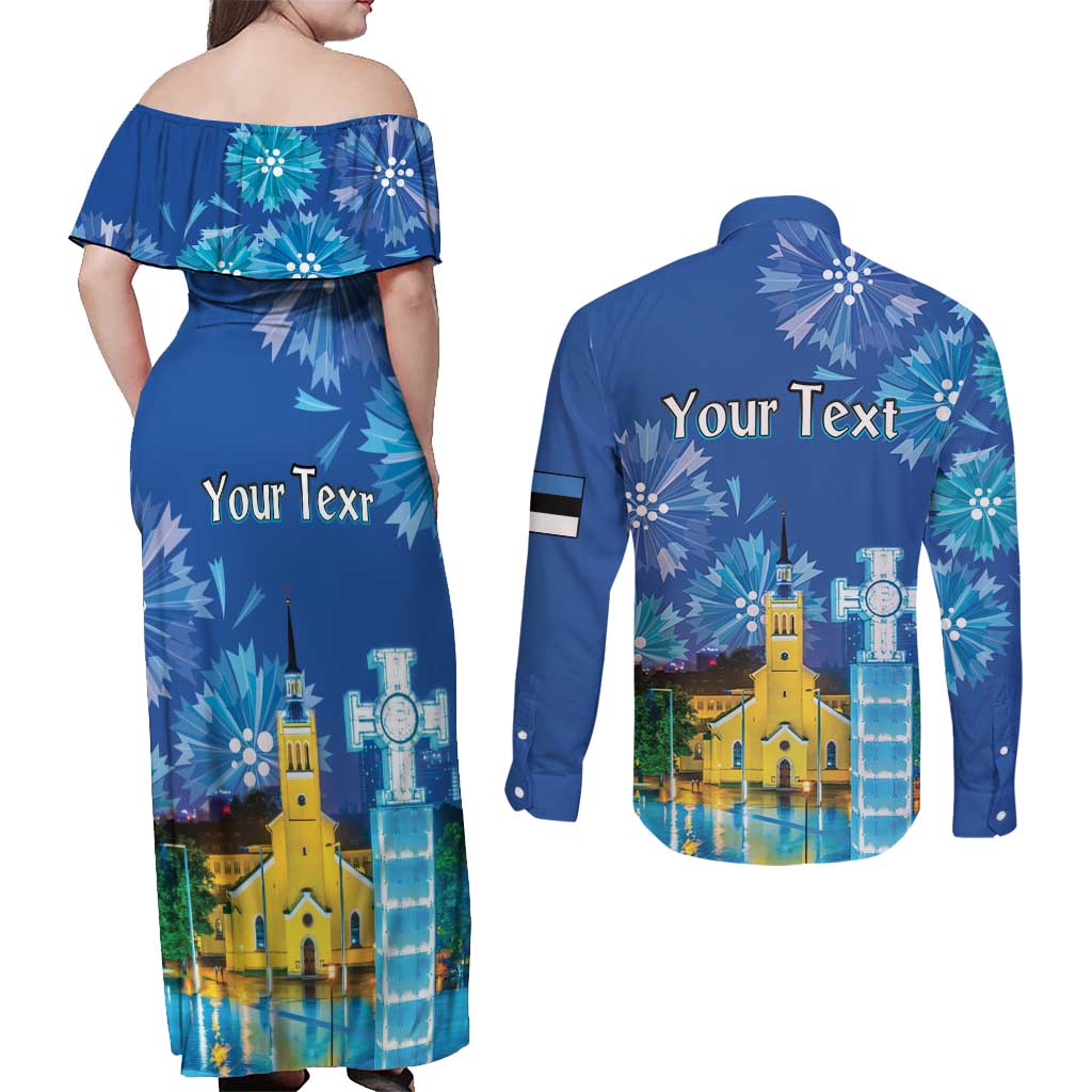 Personalized Estonian Restoration of Independence Couples Matching Off Shoulder Maxi Dress and Long Sleeve Button Shirt Freedom Square Tallinn Capital