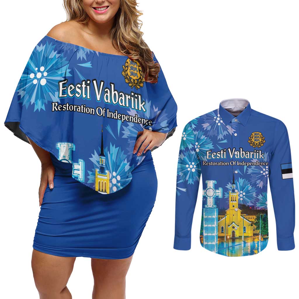 Personalized Estonian Restoration of Independence Couples Matching Off Shoulder Short Dress and Long Sleeve Button Shirt Freedom Square Tallinn Capital