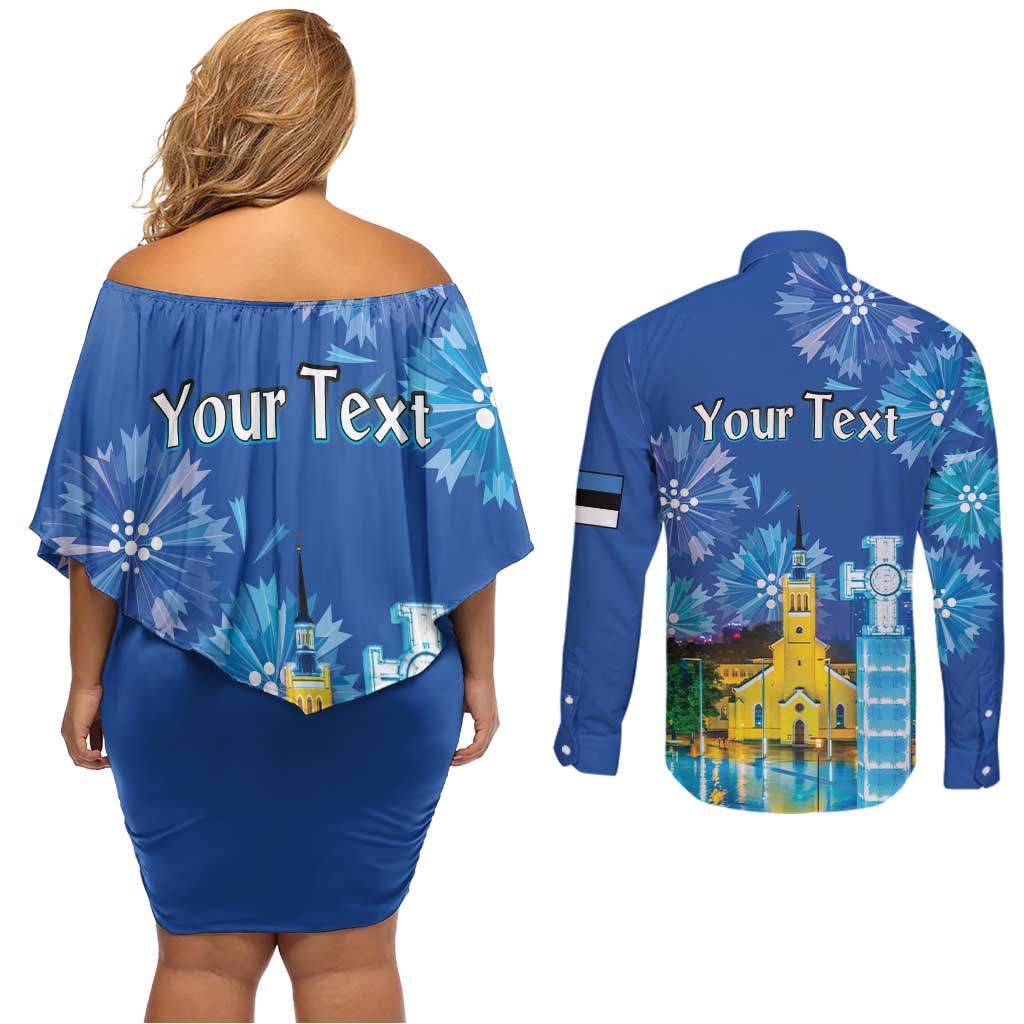 Personalized Estonian Restoration of Independence Couples Matching Off Shoulder Short Dress and Long Sleeve Button Shirt Freedom Square Tallinn Capital