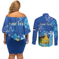 Personalized Estonian Restoration of Independence Couples Matching Off Shoulder Short Dress and Long Sleeve Button Shirt Freedom Square Tallinn Capital