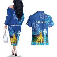 Personalized Estonian Restoration of Independence Couples Matching Off The Shoulder Long Sleeve Dress and Hawaiian Shirt Freedom Square Tallinn Capital