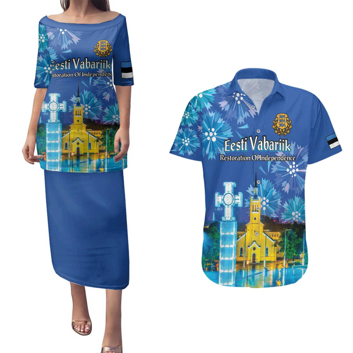 Personalized Estonian Restoration of Independence Couples Matching Puletasi and Hawaiian Shirt Freedom Square Tallinn Capital