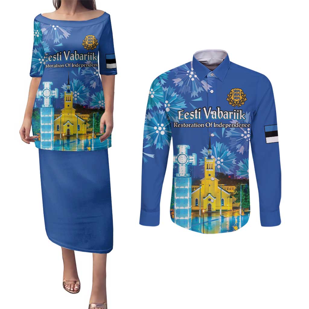 Personalized Estonian Restoration of Independence Couples Matching Puletasi and Long Sleeve Button Shirt Freedom Square Tallinn Capital