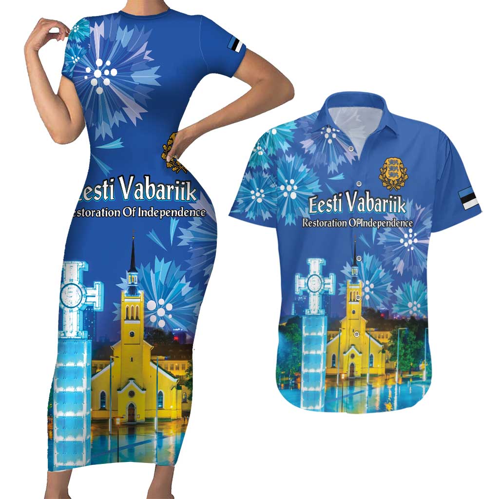 Personalized Estonian Restoration of Independence Couples Matching Short Sleeve Bodycon Dress and Hawaiian Shirt Freedom Square Tallinn Capital