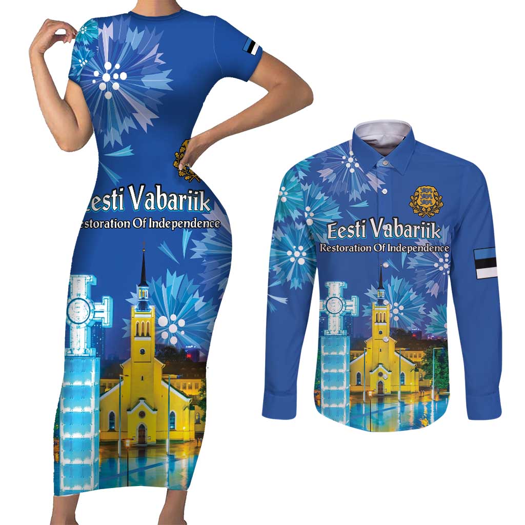 Personalized Estonian Restoration of Independence Couples Matching Short Sleeve Bodycon Dress and Long Sleeve Button Shirt Freedom Square Tallinn Capital