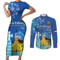 Personalized Estonian Restoration of Independence Couples Matching Short Sleeve Bodycon Dress and Long Sleeve Button Shirt Freedom Square Tallinn Capital