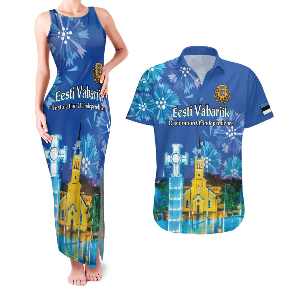Personalized Estonian Restoration of Independence Couples Matching Tank Maxi Dress and Hawaiian Shirt Freedom Square Tallinn Capital