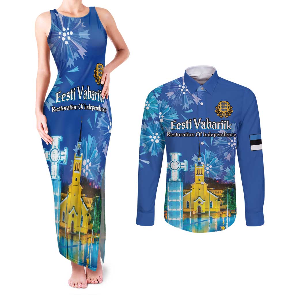 Personalized Estonian Restoration of Independence Couples Matching Tank Maxi Dress and Long Sleeve Button Shirt Freedom Square Tallinn Capital