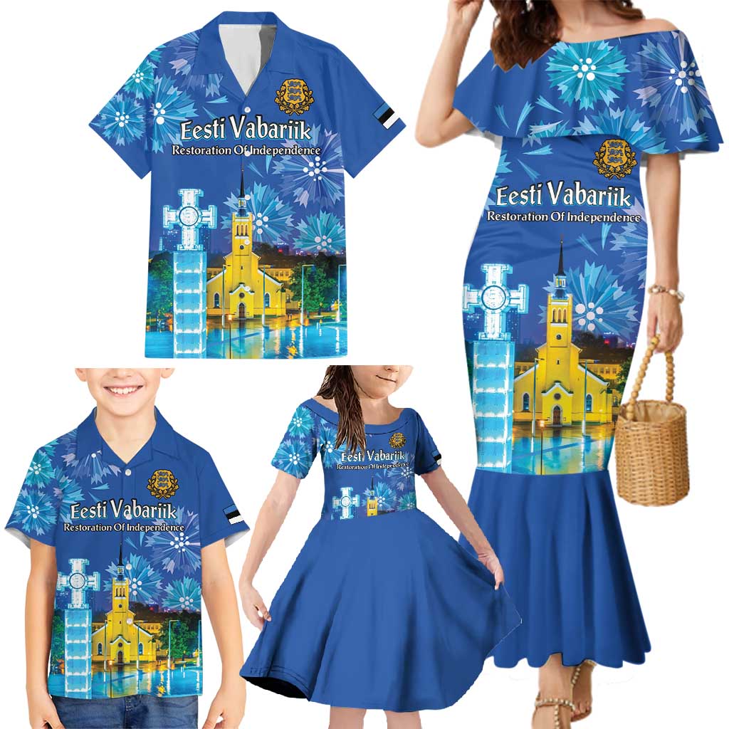 Personalized Estonian Restoration of Independence Family Matching Mermaid Dress and Hawaiian Shirt Freedom Square Tallinn Capital