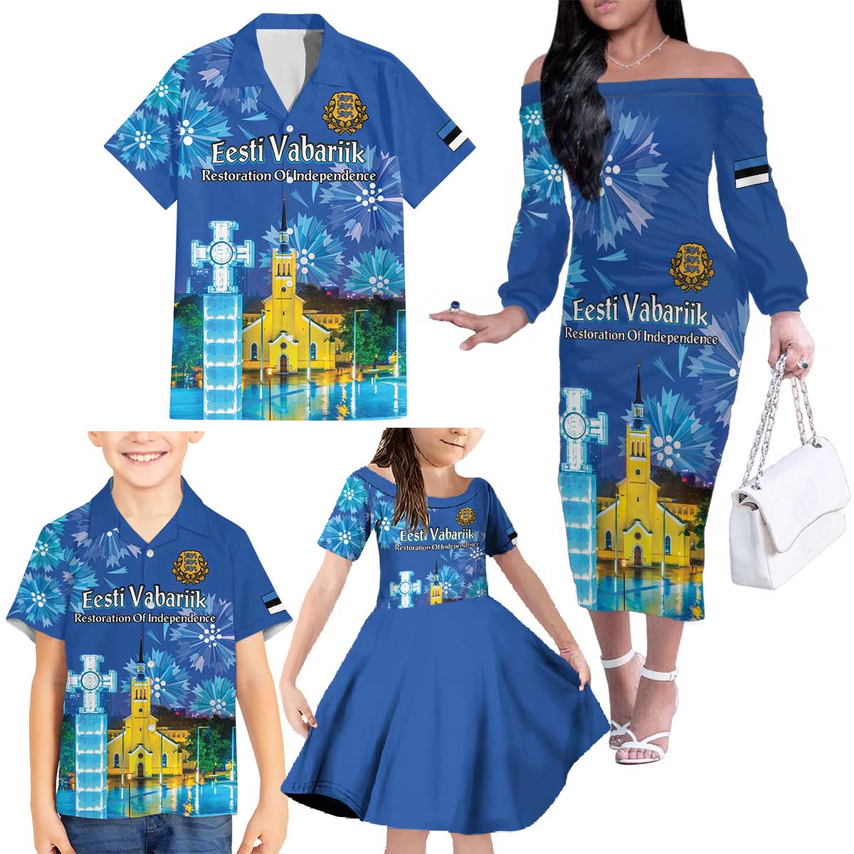 Personalized Estonian Restoration of Independence Family Matching Off The Shoulder Long Sleeve Dress and Hawaiian Shirt Freedom Square Tallinn Capital