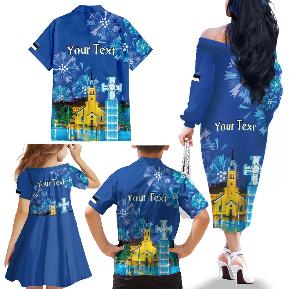 Personalized Estonian Restoration of Independence Family Matching Off The Shoulder Long Sleeve Dress and Hawaiian Shirt Freedom Square Tallinn Capital