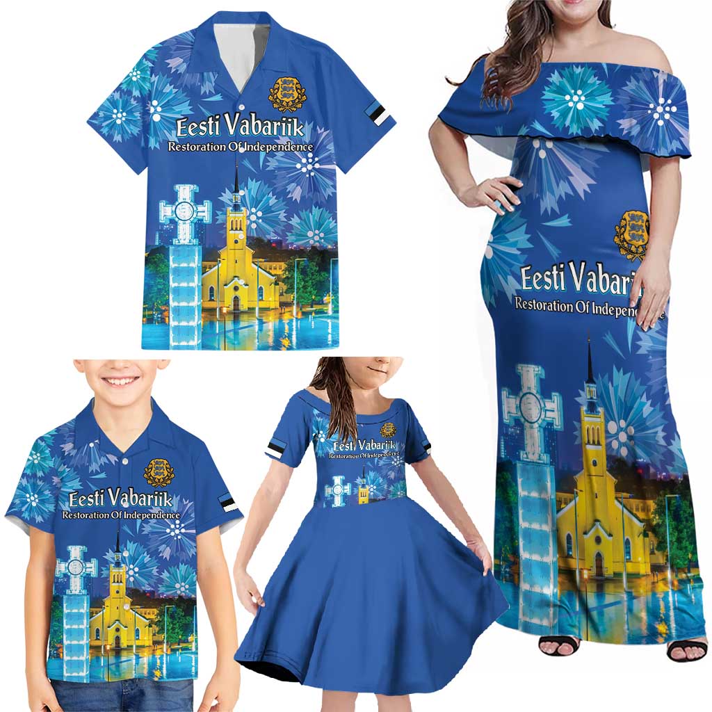Personalized Estonian Restoration of Independence Family Matching Off Shoulder Maxi Dress and Hawaiian Shirt Freedom Square Tallinn Capital
