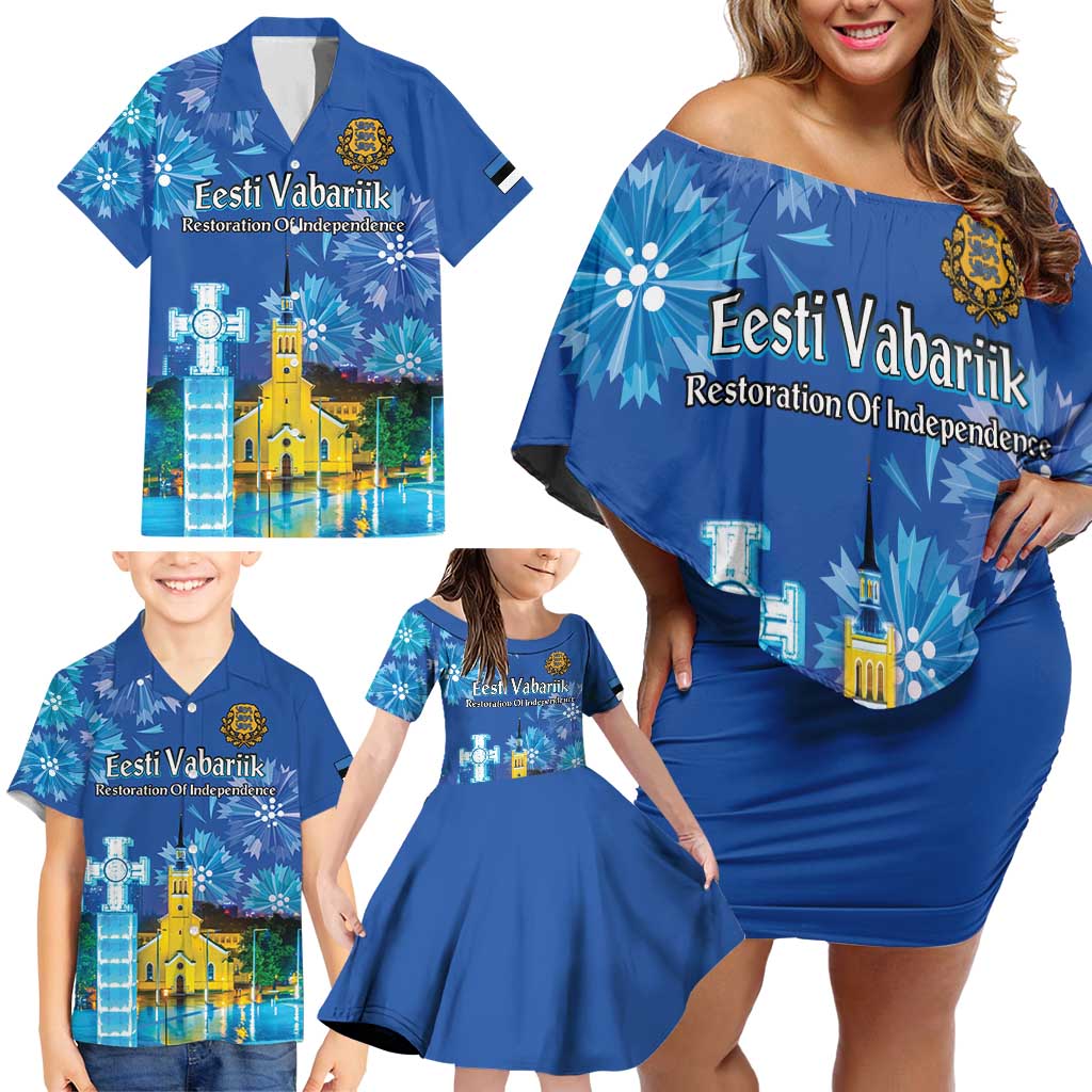 Personalized Estonian Restoration of Independence Family Matching Off Shoulder Short Dress and Hawaiian Shirt Freedom Square Tallinn Capital