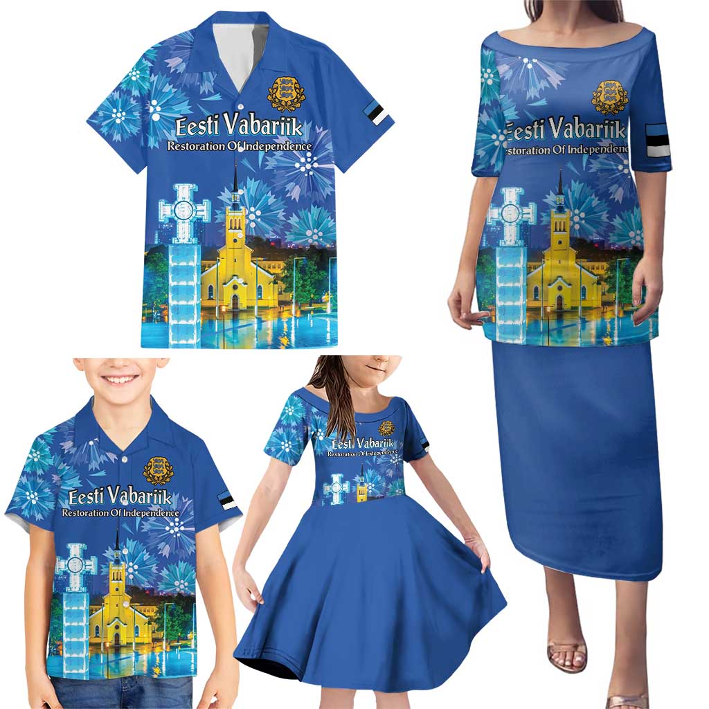 Personalized Estonian Restoration of Independence Family Matching Puletasi and Hawaiian Shirt Freedom Square Tallinn Capital